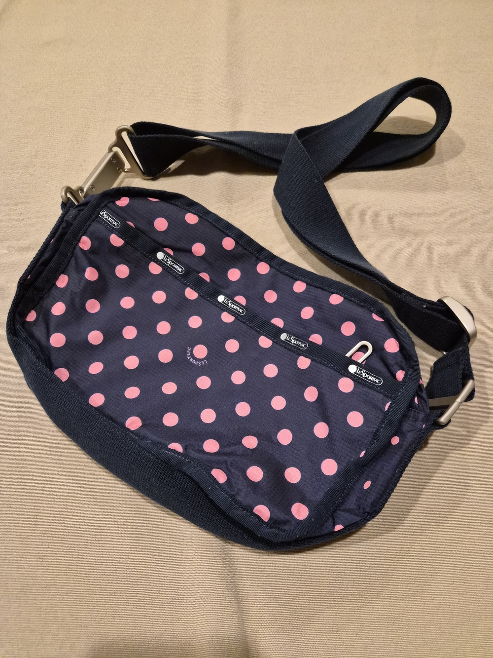 LeSportsac Navy Crossbody with Pink Polka Dots